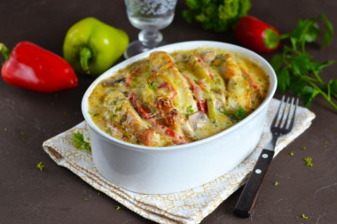 Pork with mushrooms and cheese in the oven
