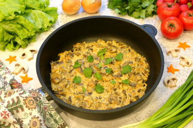 Stewed mushrooms in sour cream in a frying pan with onions