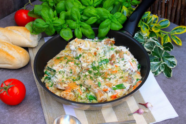 Chicken in sour cream in a frying pan