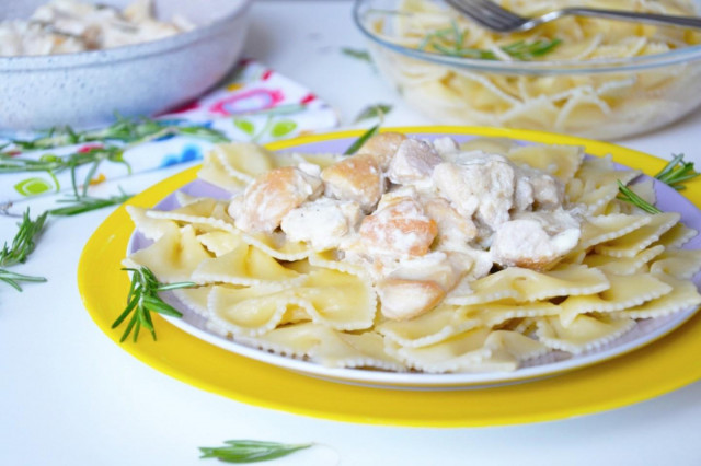 Chicken breasts in sour cream sauce in a frying pan