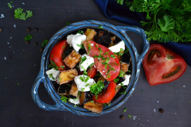 Warm salad with eggplant tomatoes and cheese