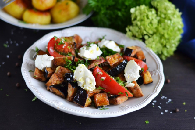 Warm salad with eggplant tomatoes and cheese