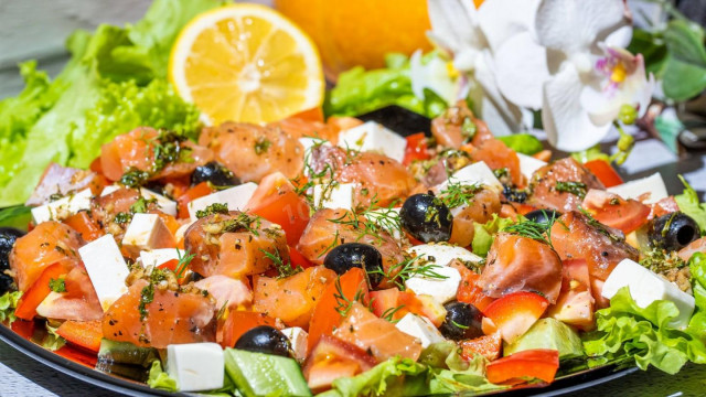 Greek salad with trout and fetaxa cheese