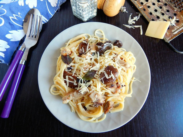 Spaghetti with chicken and mushrooms in cream sauce