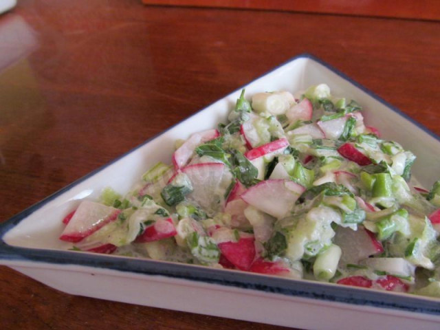 Simple radish salad with onion and cucumber in a hurry