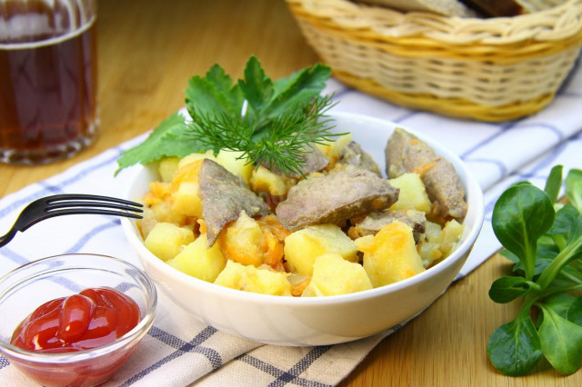 Liver with potatoes in a frying pan