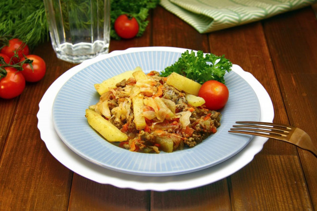 Stewed cabbage with minced meat and potatoes