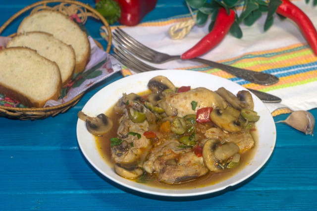 Stewed chicken with mushrooms and vegetables