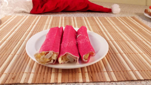 Rolls of crab sticks with mayonnaise cheese egg