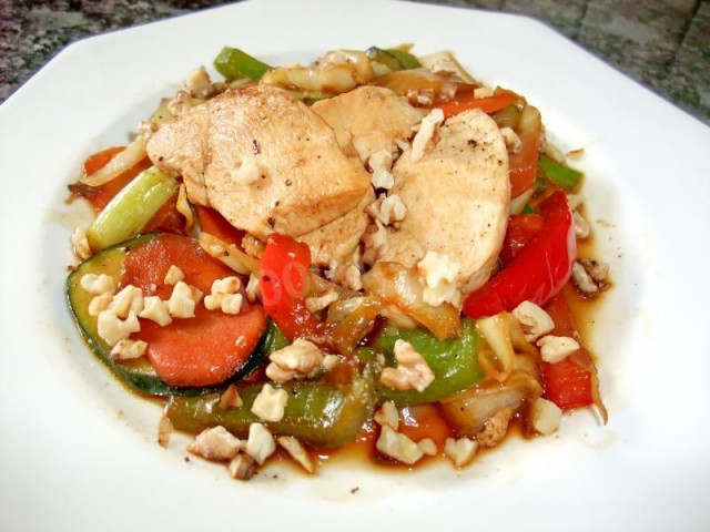 Chicken breasts with vegetables in a frying pan