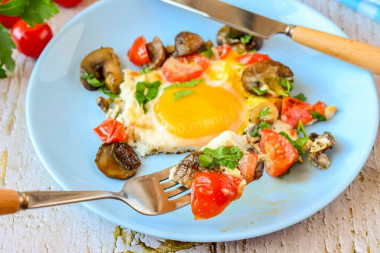 Fried eggs with mushrooms, mushrooms, tomatoes and cheese