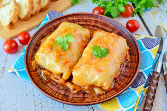 Frozen cabbage rolls in a slow cooker in tomato sauce