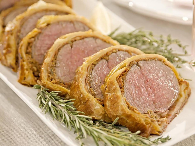 Beef baked in the oven in puff pastry