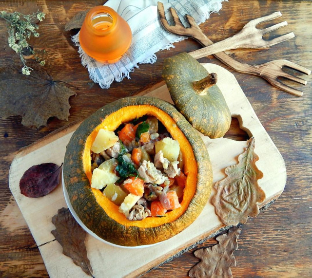 Pumpkin stuffed with meat baked in the oven
