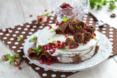 Chocolate pancake cake with cottage cheese cream