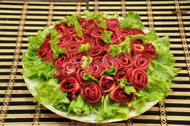 Salad Bouquet of roses pancakes with chicken, mushrooms and Korean carrots