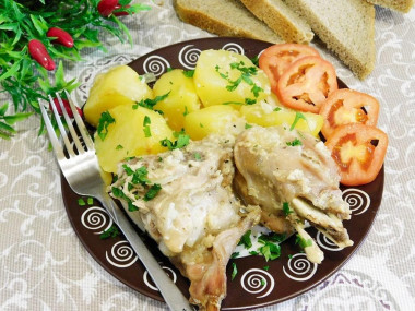 Rabbit stewed in sour cream with potatoes