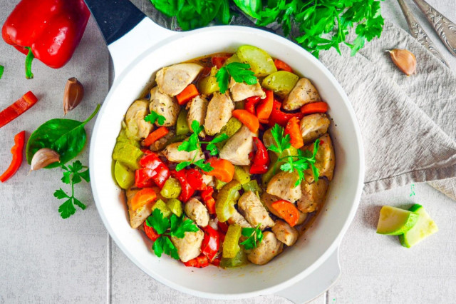 Turkey with vegetables in a pan stewed