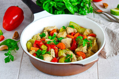 Turkey with vegetables in a pan stewed