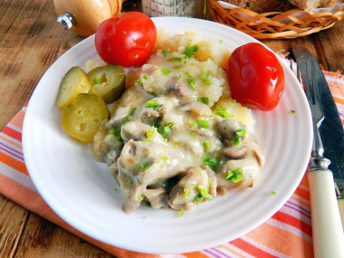 Chicken fillet with mushrooms in a frying pan in cream