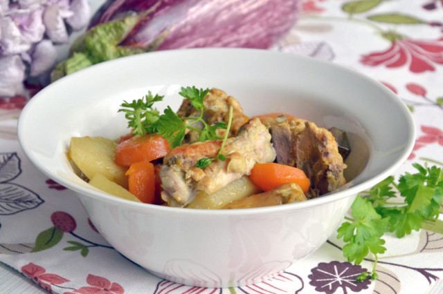 Chicken, stewed with potatoes and eggplant