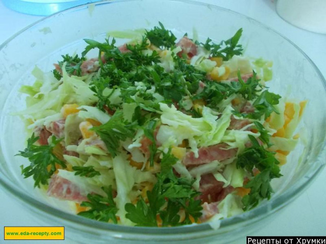 Cabbage salad with sausage and corn