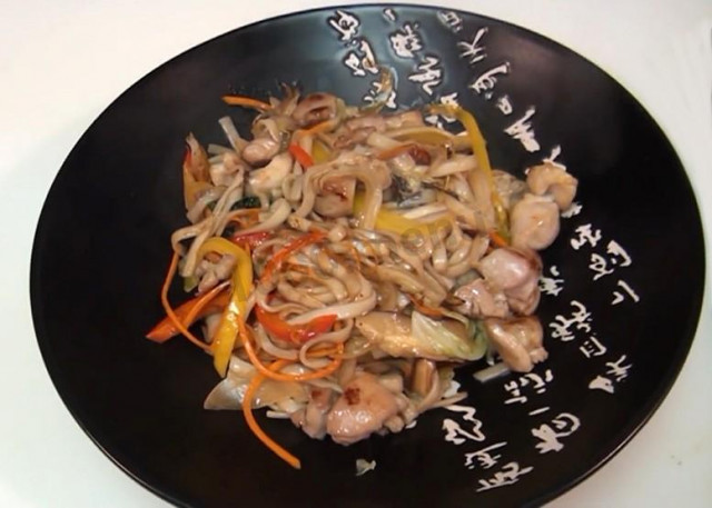 Udon noodles with chicken and vegetables and ginger