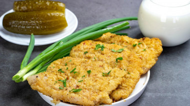 Pork loin schnitzel in a frying pan