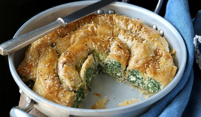 Greek snail made of filo dough with feta, mint and spinach
