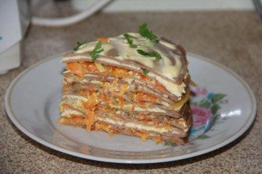 Chicken liver cake with cheese, with mayonnaise and herbs
