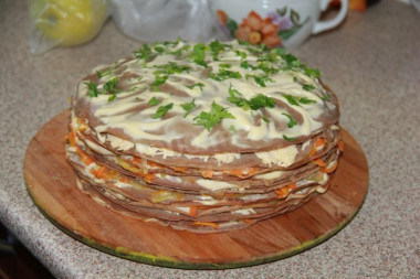 Chicken liver cake with cheese, with mayonnaise and herbs