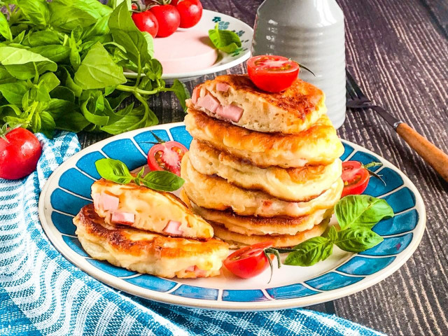 Pancakes on kefir with cheese and sausage