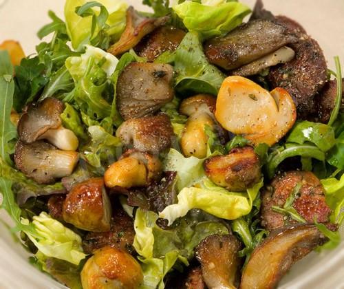 Beef liver salad with mushrooms