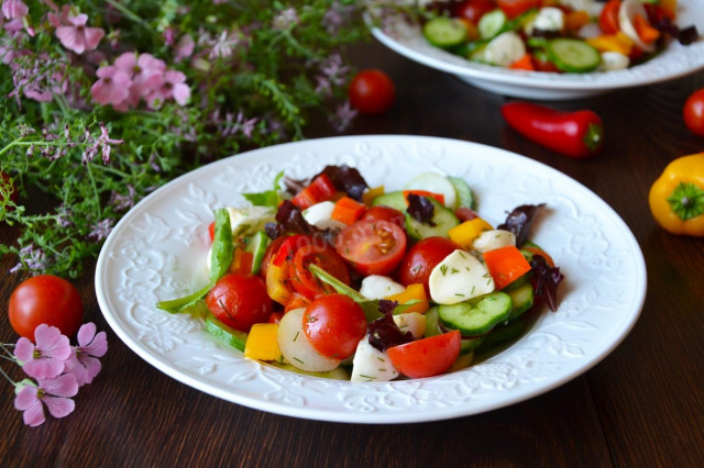 Salad of fresh cucumbers and tomatoes with mozzarella