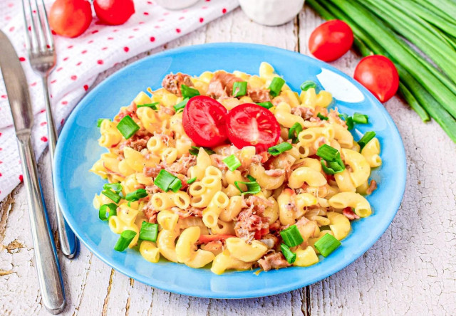 Navy pasta with stew in a slow cooker