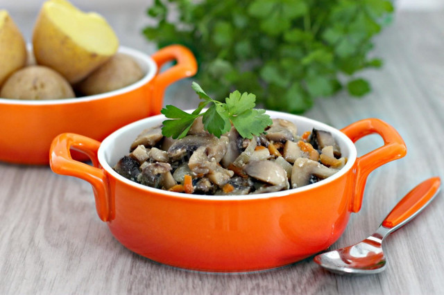 Mushrooms stewed in sour cream in a slow cooker