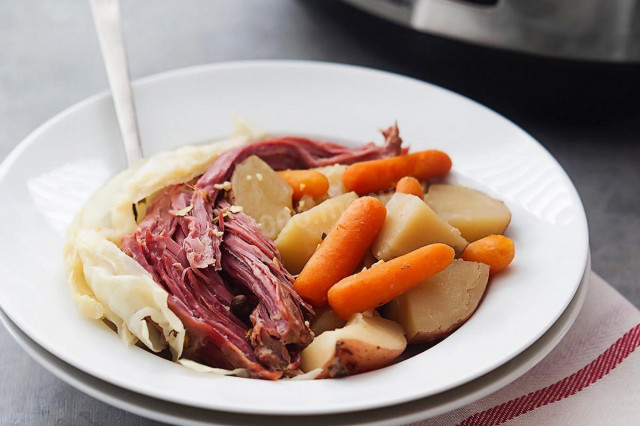 Stewed cabbage with beef in a slow cooker in Irish