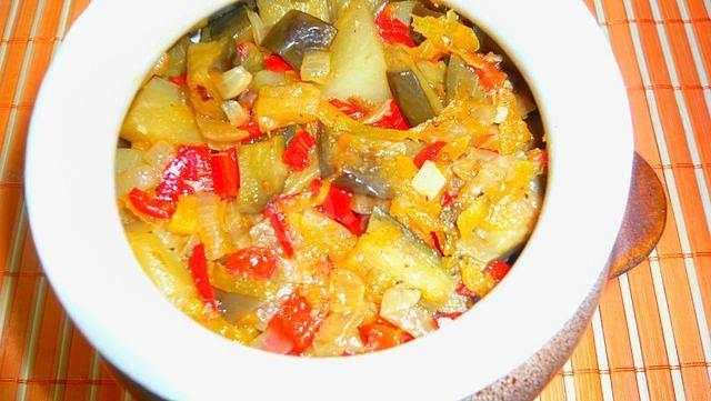 Eggplant in pots in the oven with vegetables