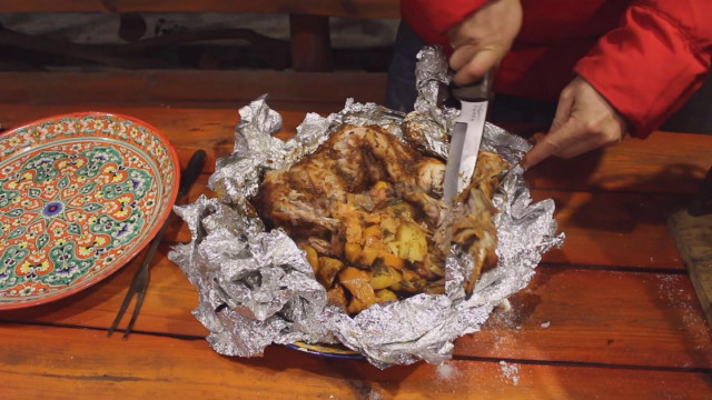 Rabbit with Salt in a cauldron on a campfire