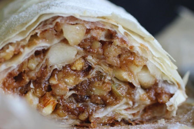 Filo dough strudel with nuts and raisins