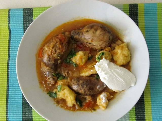 Bull eggs stewed with Hungarian dumplings