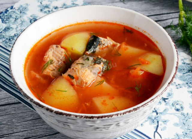 Canned salmon fish soup with potatoes