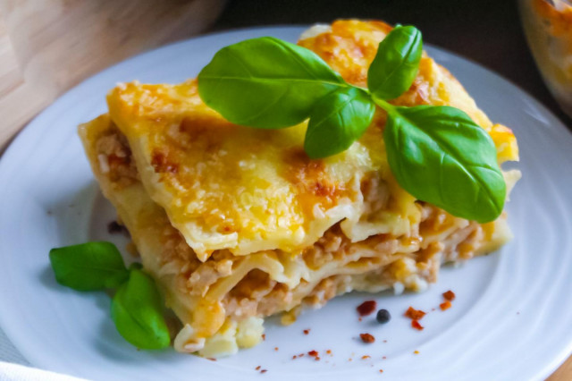 Classic lasagna with minced meat in the oven is simple
