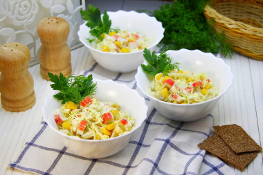 Crab sticks salad with cabbage, corn and egg
