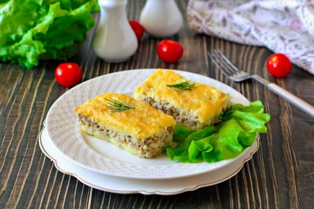 Mashed potato casserole in the oven with minced meat