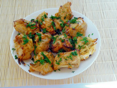 Shish kebab of chicken with onions in oven