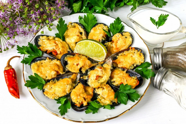 Mussels baked in the oven with cheese