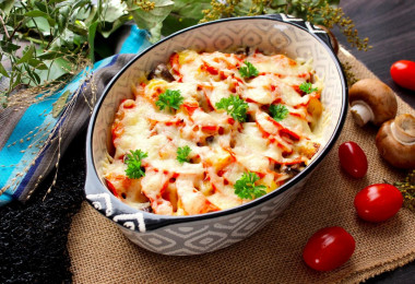 Potatoes with mushrooms and tomatoes in the oven