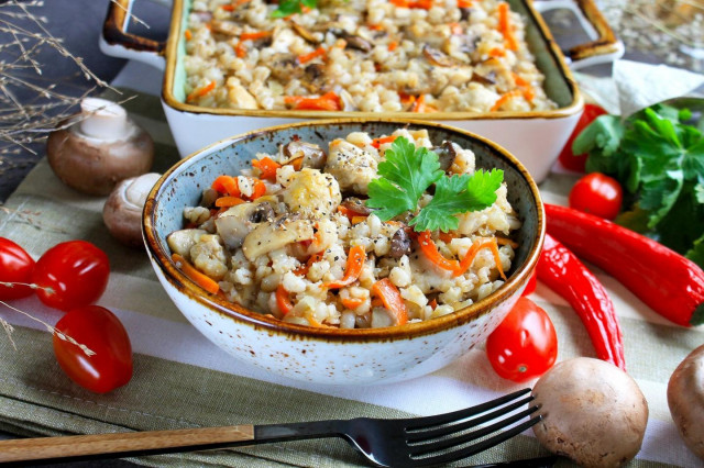 Pearl barley with chicken in the oven