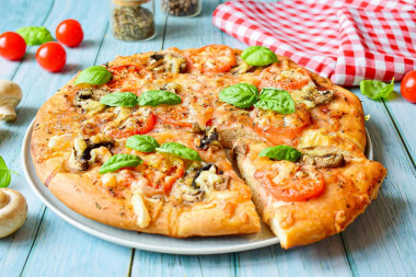 Pizza with mushrooms, tomatoes and cheese